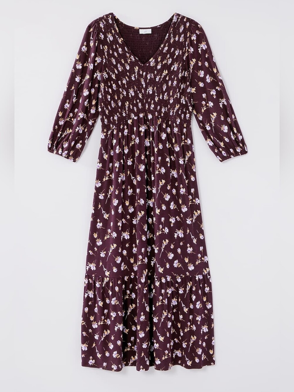 J. Jill Plum Purple Floral Smocked Tiered Flounced-Hem Midi Dress Medium Petite - Picture 4 of 11